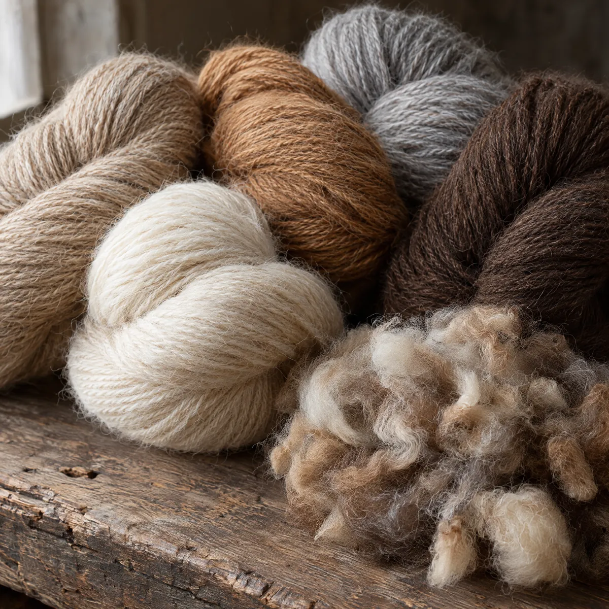 Skeins of natural alpaca yarn in cream, fawn, grey and brown