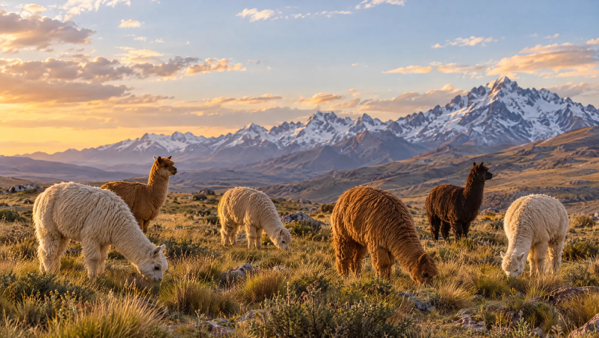 Alpacas grazing on a high Andean plateau at sunset with snowy peaks behind
