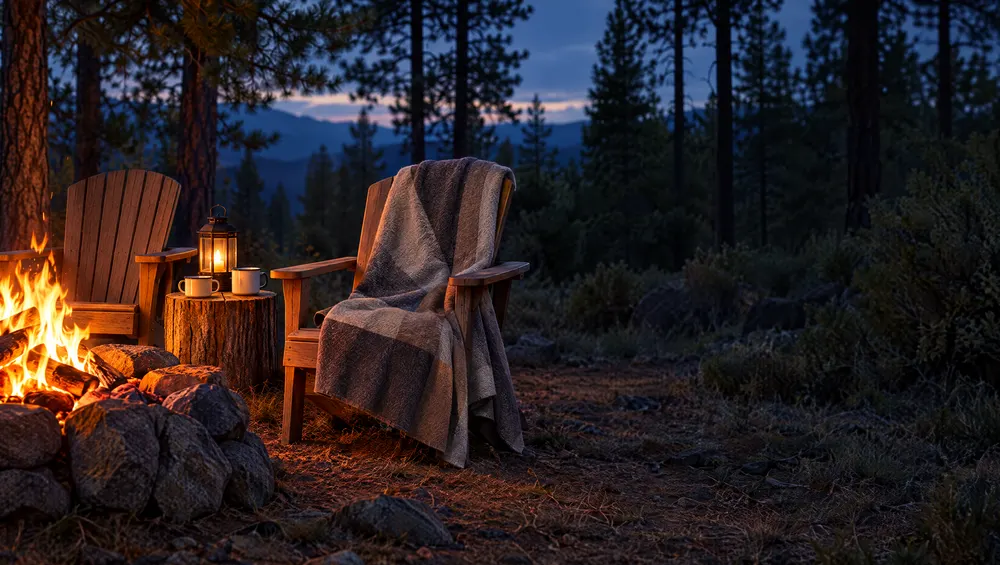Alpaca throw draped over a chair beside a fire pit in a pine forest