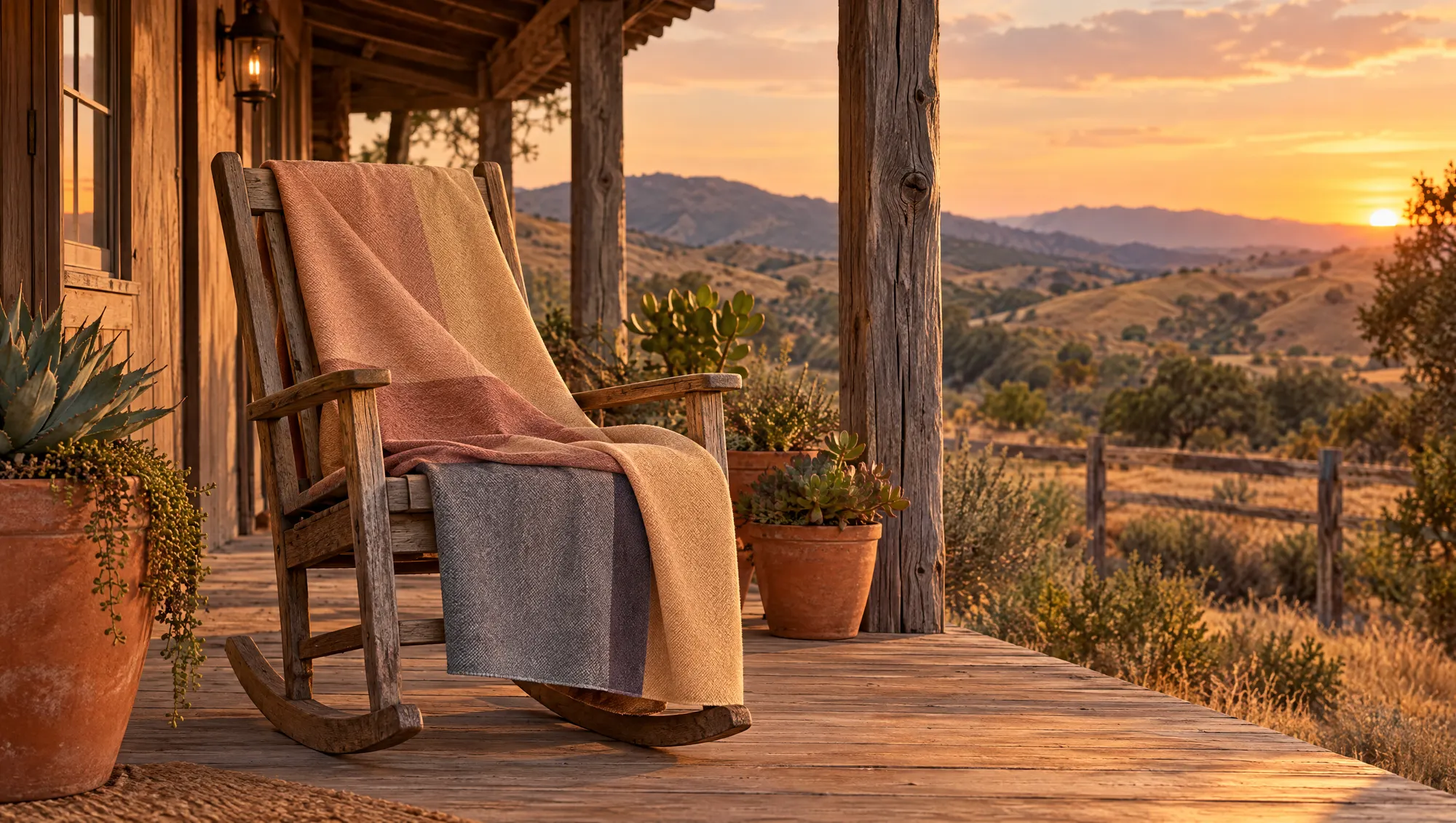 Alpaca throw over a rocking chair on a wooden ranch porch at sunset