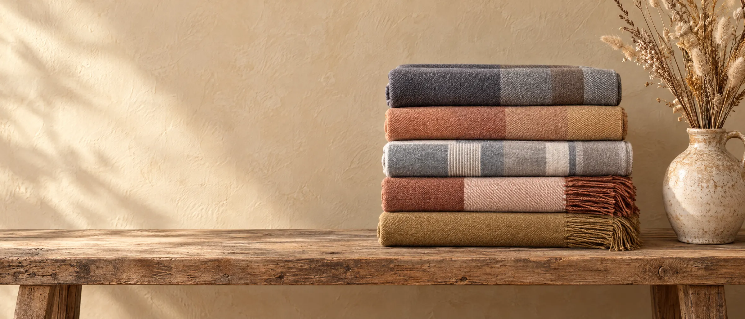 Five folded alpaca throws stacked on a reclaimed wood bench