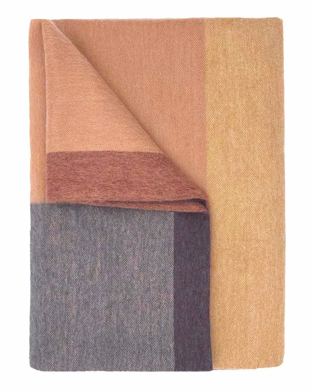 Mojave alpaca throw folded, showing sand, terracotta and taupe blocks