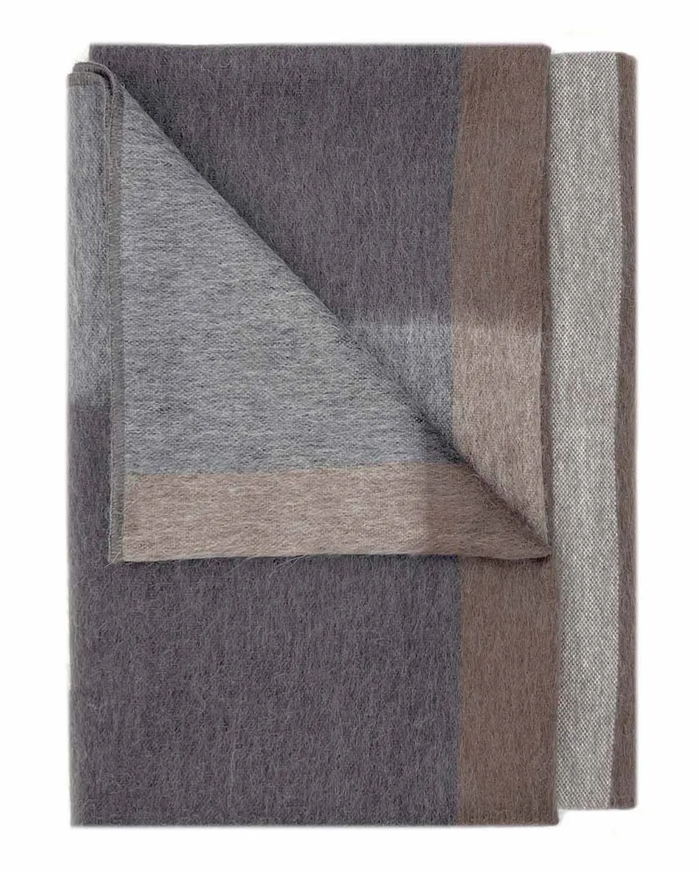 Woodland alpaca throw folded, showing charcoal, taupe and grey blocks